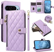 Compatible with Google Pixel 8 Pro (Color: Purple) Crossbody Strap Zip Wallet Leather Flip Back Case