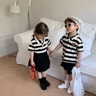 Boys Girls Summer Embroidered Striped POLO Shirt Short Skirt Suit Baby Fashion Sisters Brothers Sist