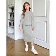 2pcs/set Sweatshirt Batwing Sleeve Knit Ribbed Crop Top & Mid-Length Skirt