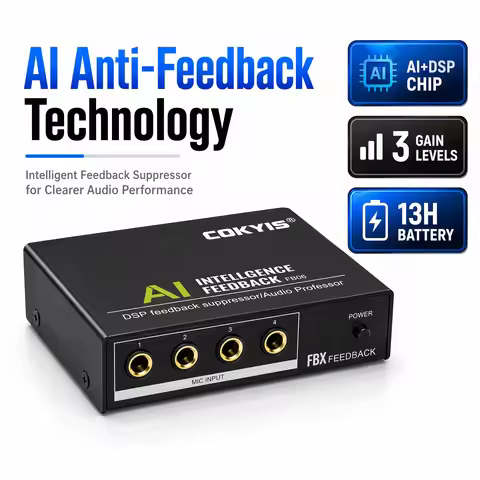 Mini AI DSP Microphone Feedback Anti-howling Processor 2 Input 3 Level Gain Control Rechargeable Aud