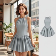 Lovito Gaun Kasual Wanita Berlipat Depan Tunduk untuk Musim Panas/Musim Bunga L133AD062