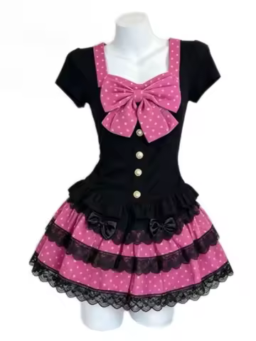 Y2K Cutecore Polka Dot Skirt 2 Piece Set Korean Lolita Bow Top And Cake Lace Mini Skirt Kawaii Gyaru