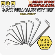 9 PCS Allen Hex Key MM Size Set Ball Point Head Allen Key 1.5mm - 10mm