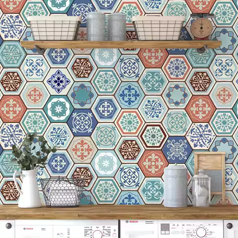Hexagon Design 3D Mosaic Tiles Sticker Wallpaper Self Adhesive Wall Tiles Waterproof Bathroom Oil Re