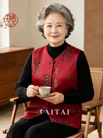 Elegant Embroidered Sleeveless Vest for Middle-Aged And Elderly Women Red Birthday Clothes Mom's Fas