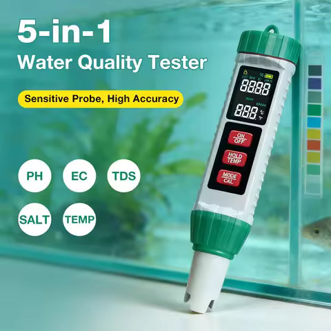 Portable Water Quality Testing Pen Digital Display Water Monitor PH Meter 5 in 1 PH/EC/TDS/SALT/TENP