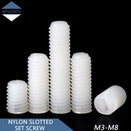 M3 M4 M5 White Slotted Nylon Set Screw Plastic Thread Flat Head Metric Headless Slotted Bolt Grub Screw Length 4mm-40mm