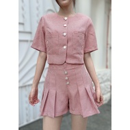 Set áo sơ mi chân váy màu cam vải gấm Lovadova GO0303