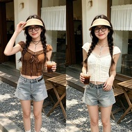 Cilset Women's Square Neck Short Sleeve Lace Shirt Tie The Bow Into The Shape Korean Style-60325