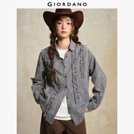 GIORDANO Women Shirts Seersucker Small Plaid Loose Shirts Doll Collar Long Sleeve Ruffle Trim Fashio