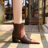 Fashion Comfortable British Style Concise Soft Leather Ankle Boots Pointed Toe Thick Heel Women Work