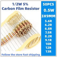 50pcs 1/2w carbon film resistor 5% 0.5W 5.6R 6.2 6.8R 7.5 8.2 9.1R 10R 12R 13R ohm