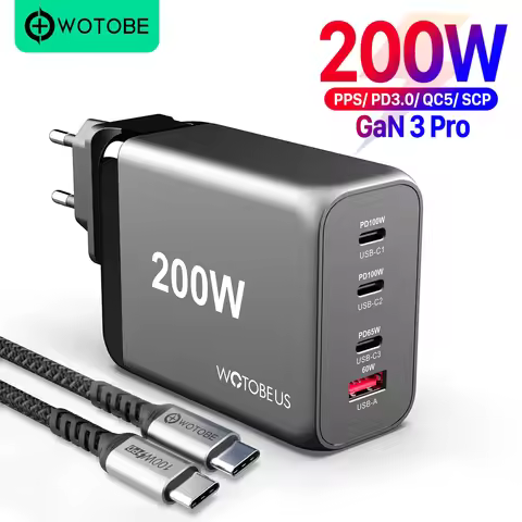 200W GaN 3 Pro USB-C Fast Charger, WOTOBEUS 4-port PD100W PPS 65W 45W QC5 for iPhone 14 MacBook Sams