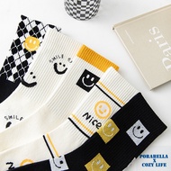 < Porabella > Ready Stock SMILE SOCKS Black White Smiley Face SOCKS Smiley Face Mid-Tube SOCKS Emoti