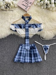 SINGREINY JK 制服格子性感情趣套裝 領帶+薄紗短款無肩帶+百褶裙 學院風角色扮演睡衣套裝