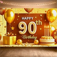 Happy 90th Birthday Banner Backdrop - 90 Years Old Birthday Decorations Party Supplies for Women