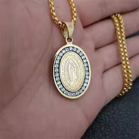 Inlaid Hao Stone Virgin Mary Oval Ladies Pendant Necklace Fashion Glamour Religious Party Jewelry Ac