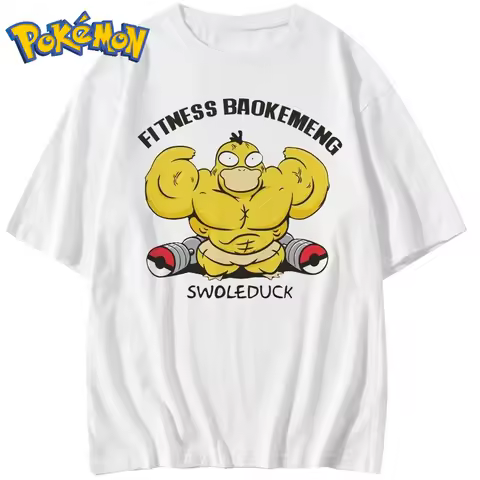 Pokémon New Gym Fitness Psyduck Printed T-Shirt Men's and Women's Summer Y2K Harajuku Loose Casual V