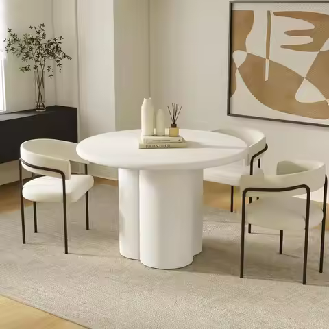 Modern Round Dining Table for 4, 45" Plaster Pedestal Dining Table, White Circle Dining Room Tables 