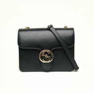 GUCCI Interlock風琴包小號黑色牛皮金扣肩背包