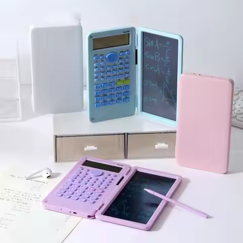2 IN 1 Scientific Calculator with LCD Notepad Portable 12 Digits Math Calculator Foldable Handwritin