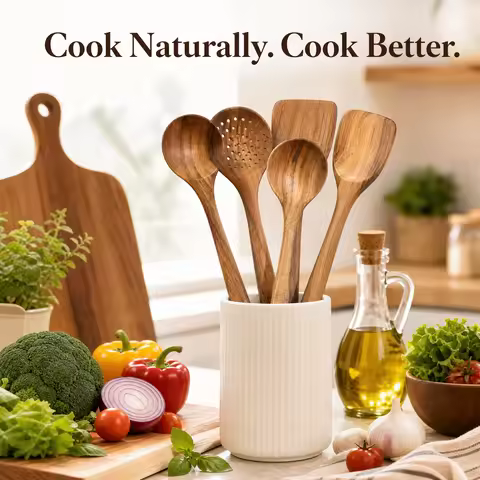 Non-Toxic Wooden Utensil Set 5pcs Wooden Utensil Set with Hanging Holes, Food Grade Spoons and Spatu