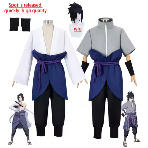 Uchiha Sasuke Cosplay Costume Set - Anime Hokage Shippuden Third Generation Gray Top Suit Wig for Ha