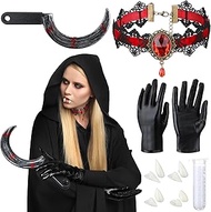 4 Pcs Halloween Costume Accessories Include Bloody Sickle Weapon Prop Red Crystal Pendant Necklace F