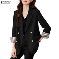 Zanzea Women Korean Striped Patchwork Sleeves Color Contrast Commuting Blazer