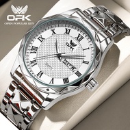 นาฬิกาสำหรับผู้ชาย OPK ปฏิทินควอตซ์เรืองแสงของแท้กันน้ำนาฬิกาลำลองสายเหล็กสแตนเลสหน้าปัดเรียบง่าย
