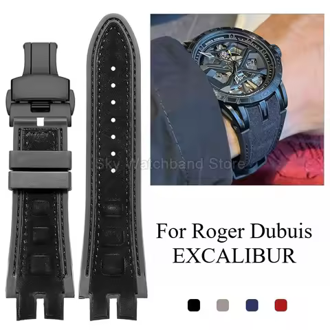 Black Blue Gray Folding Buckle for Roger Dubuis EXCALIBUR Genuine Leather Watch Strap 19x28mm Double