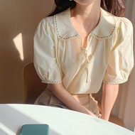 Cream cheese blouse(Z012)พร้อมส่ง เสื้อคอบัวแต่งโบว์ตรงคอ