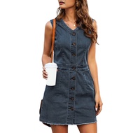 Womens Sleeveless Bodycon Denim Dress Casual V-Neck Button Down Mini Jean Dress Summer Overalls Dres