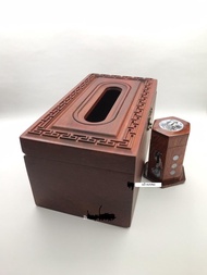 Hộp đựng khăn giấy gỗ HƯƠNG đỏ trạm khắc hình triện tặng kèm ống tăm khảm hình cô gái