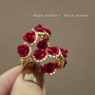 Red Flower Diamond Earrings Romantic French Retro Rose Earrings 10.27