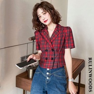 RULINWOODS Hàn Quốc blazer kẻ sọc retro phong cách phụ nữ áo blazer tay ngắn