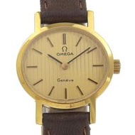 二手OMEGA日內瓦女士手錶，配有鍍金皮革錶帶、手動上鍊、金色錶盤。