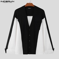 เสื้อโค้ทสีแตกต่างแบบหลวมมีกระดุมคอวีของผู้ชาย Medussa INCERUN (สไตล์เกาหลี) เสื้อคาร์ดิแกนแบบถัก