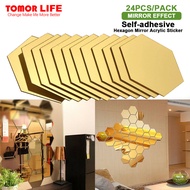 Tomor Life 24pcs Golden Color  Self-adhesive Hexagon Mirror Acrylic Sticker Creative Mosaic Tiles for Wall Decoration