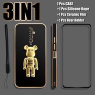 3 IN 1 For OPPO Reno2 F OPPO Reno2 Z Case Luxury Electroplating Soft Phone Case with Ceramic Full Screen Film and Bear Holder and Silicone Lanyard