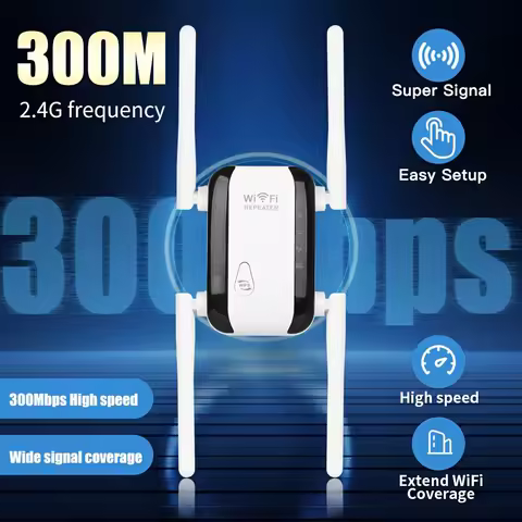 WiFi Extender Signal Booster with 4 Antennas 300 Mbps 360° Coverage Easy to Install 2.4G WiFi Super 