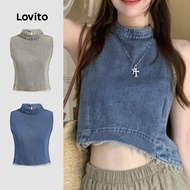 Lovito Casual Denim Top Plain Raw Hem Asymmetrical Denim Top for Women LNA21128 (Multi-color)