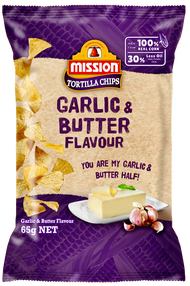 Mission Tortilla Chips Garlic &amp; Butter Flavoured 65g ขนมข้าวโพดทอดกรอบรสเนยกระเทียม ขนาด 65 กรัม (0632)