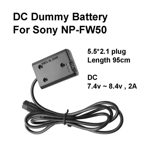 NP-FW50 Dummy Battery DC Coupler 7.4v~8.4v 2A 5.5mm*2.1mm female 95cm AC-PW20 for Sony A7 A7R A7S A5