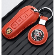 Porsche leather key cover macan Cayenne Cayman taycan 718 Boxster 911 Panamera key metal LOGO protec
