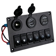 6 Gang Switch Panel with 12V-24V LED Digital Voltmeter Dual USB Charger Lighter Socket for RV Truck 
