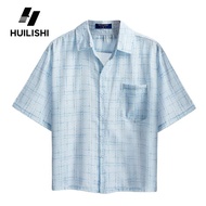 HUILISHI  Box Fit Polo for Men Crop Top Cotton linen drape plaid summer short-sleeved Korean style s