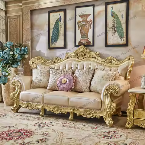 X4 Classic Luxury Sofa Rubber Solid Wood Golden Antique European Royal Style Living Room Sofa Sets 1