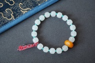 8mm天然和田玉白玉 蜜蠟 棉麻流蘇設計手串手持s