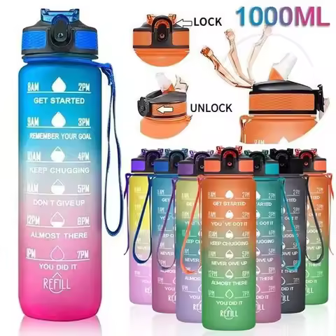 1L Sports Water Bottle with Straw and Time Marker Plastic Motivational Water Bottle Drinking Bottle 
